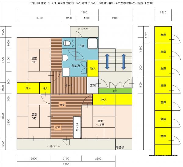 川原住宅1・2棟の間取り図