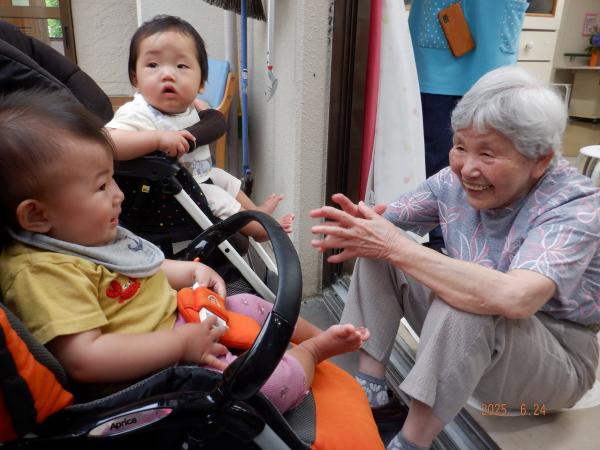 乳母車に乗った2人の赤ちゃんを見つめる笑顔のおばあさんの写真